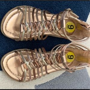 silver bronze and gold strappy sandals